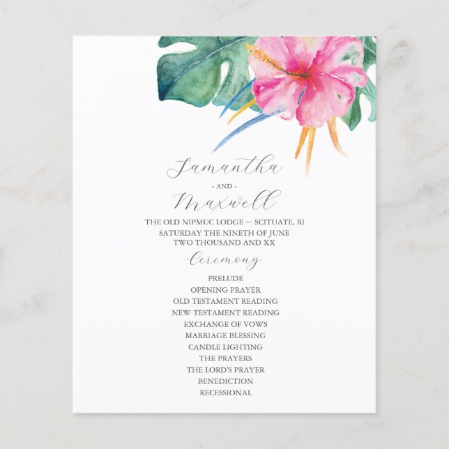 Tropical Wedding Ceremony Programs Pink Flowers (Front)