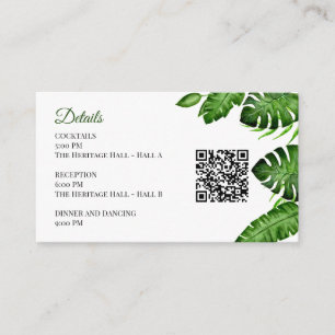 Tropical Wedding Details QR Code Monstera Greenery Enclosure Card