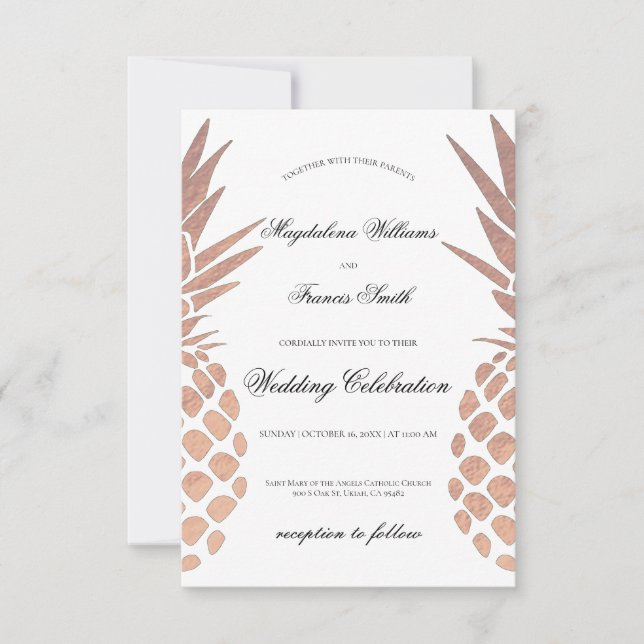 tropical wedding faux gold pineapples elegant invitation (Front)