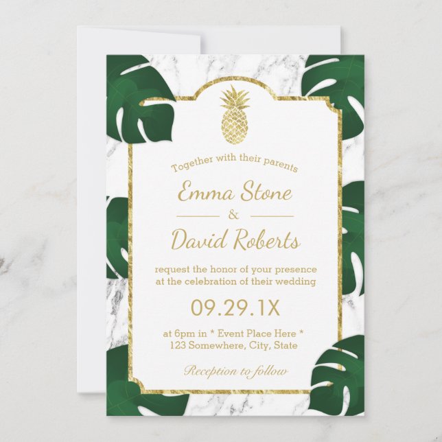 Tropical Wedding Gold Pineapple White Marble Invitation (Front)