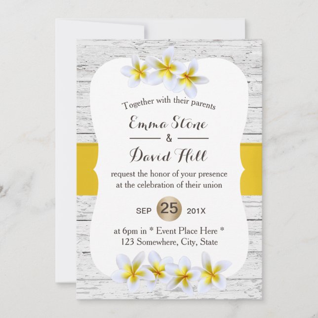 Tropical Wedding Hawaiian Plumeria Flowers Wood Invitation (Front)