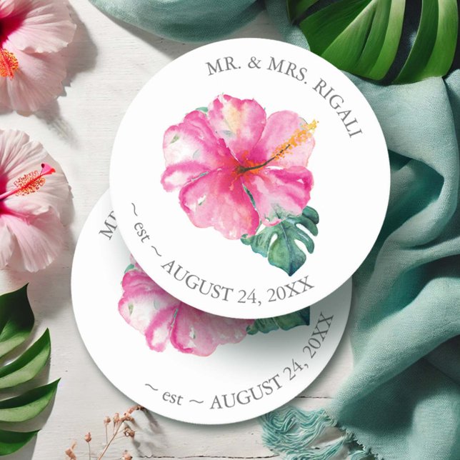 Tropical Wedding Hibiscus Flower Round Paper Coaster (Wedding coasters for favors watercolor pink hibiscus flowers art Victoria Grigaliunas DoTellABelle)