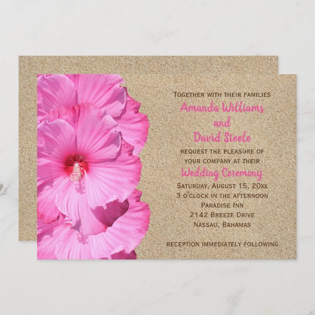 Tropical Wedding Invitation (beach sand & pink) (Front/Back)