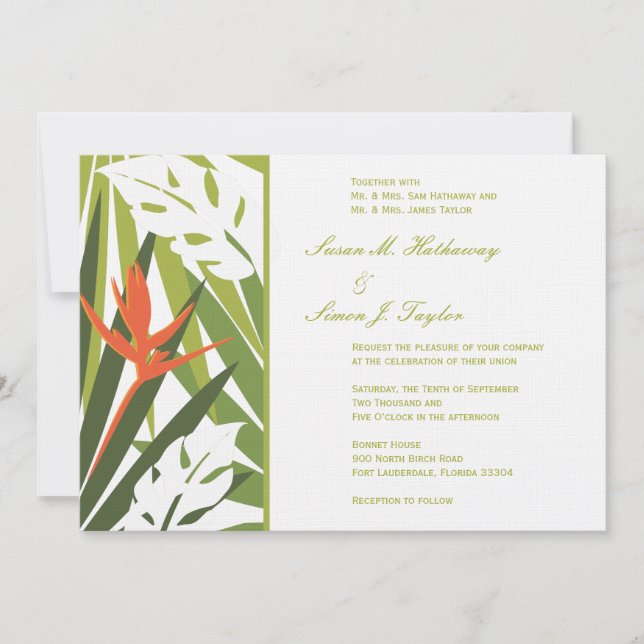 Tropical Wedding Invitation - Green and Orange (Front)