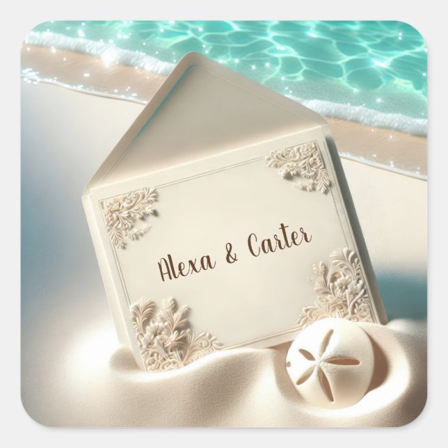 Tropical Wedding Invitation On a Beach Square Sticker (Front)