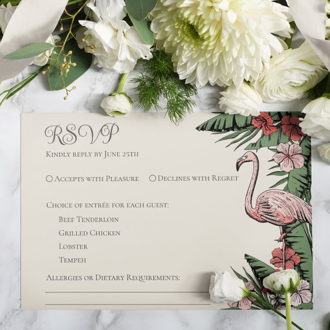 Tropical Wedding Ivory RSVP Card (Elegant & Chic Ivory Floral Flamingo Tropical, Summer or Beach Wedding RSVP Response Card. )