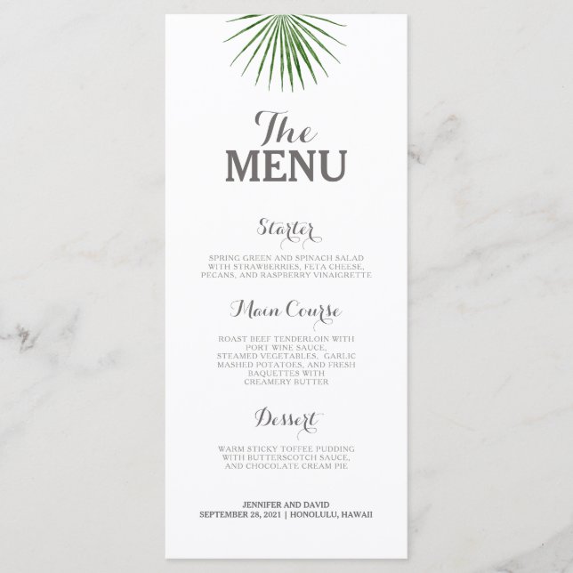 Tropical Wedding Menu Flat Minimalist Green Fern (Front)