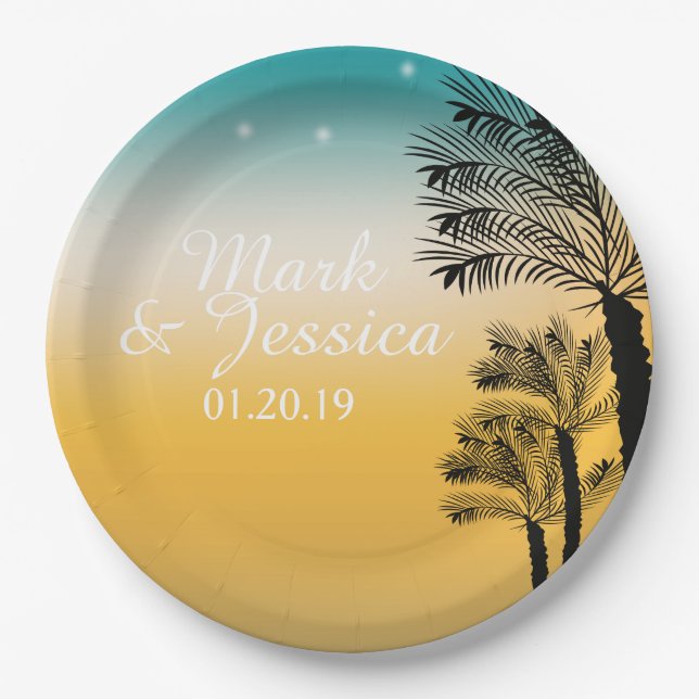 Tropical Wedding Palm Trees Pink Sunset Beach Paper Plate (Front)