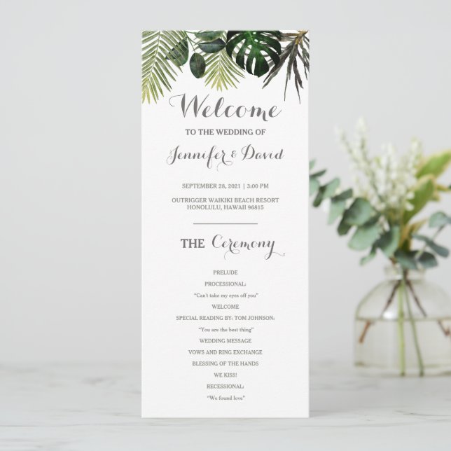 Tropical Wedding Program Flat Monstera Fern Plants Programme (Standing Front)