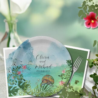 Tropical Wedding  Sea Turtle Pink Frangipani Paper Plate