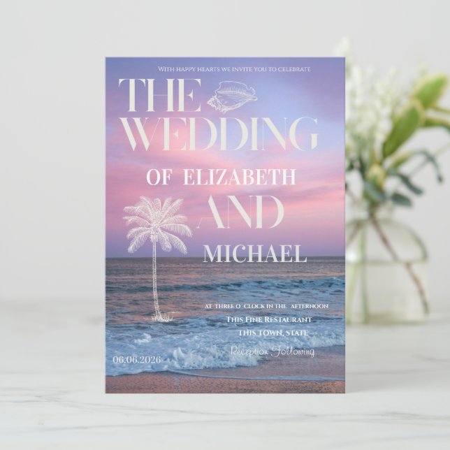 Tropical Wedding Sunrise Ocean Beach Wedding Invitation (Standing Front)