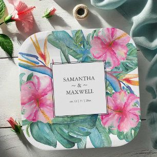 Tropical Wedding Watercolor Floral with Names Paper Plate