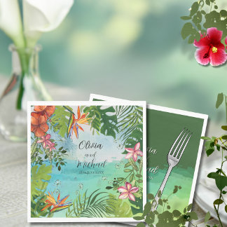 Tropical Wedding  Watercolor Hibiscus Palm Green Napkin