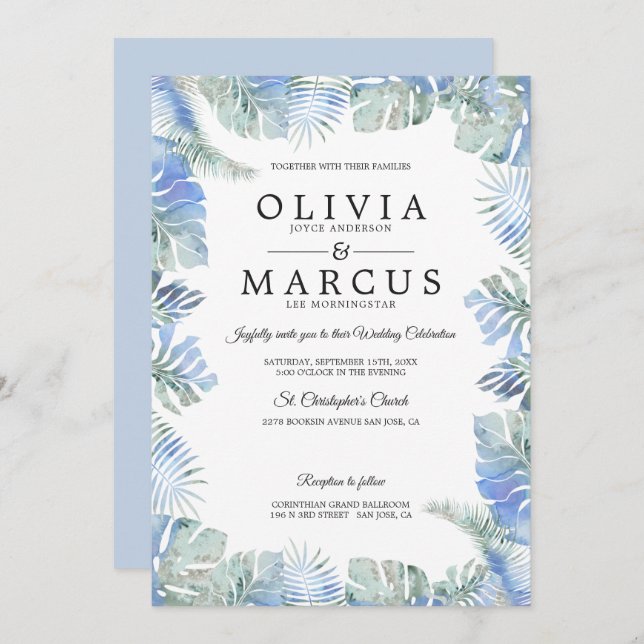 Tropical Wedding Watercolor Leaves Blue Green Invitation (Front/Back)