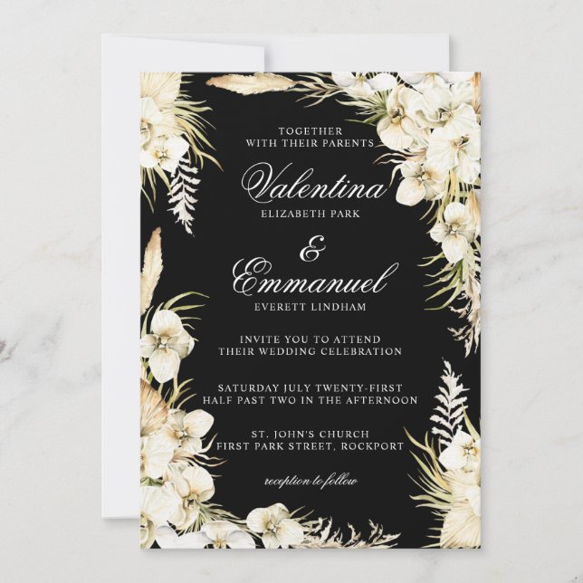 Tropical Wedding White Floral on Black Invitation (Front)