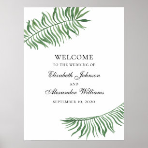 Tropical welcome sign. Wedding print. Green leaves Poster