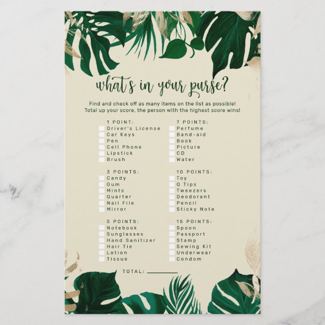 Tropical What's in Your Purse Bridal Shower Game (Front)