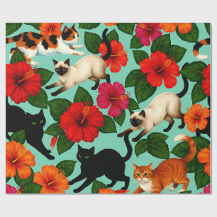 Tropical Whiskers – Cats Among Hibiscus Blooms Wrapping Paper