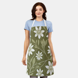 Tropical White Daisies on Olive Green Elegant Apron