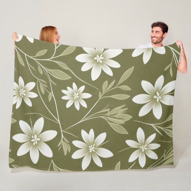 Tropical White Daisies on Olive Green Elegant Fleece Blanket (In Situ)