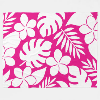 Tropical White Flowers on a Bright Pink Background Fleece Blanket