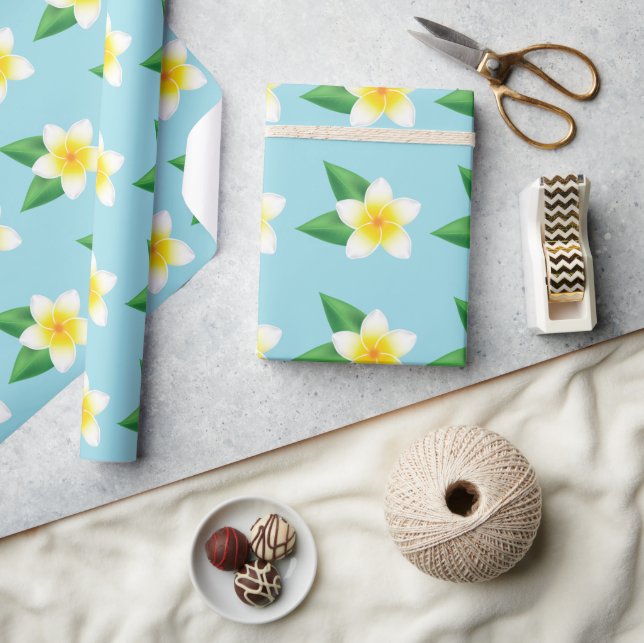 Tropical White Frangipani Plumeria Flower On Blue Wrapping Paper (Crafts)