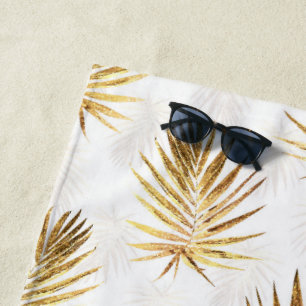 Tropical White Gold Palm Leaves Greenery Beach Towel