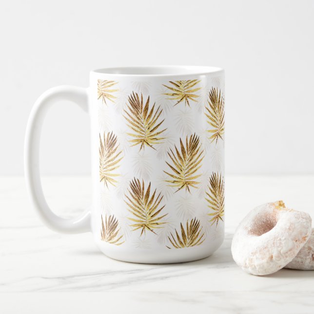Tropical White Gold Palm Leaves Greenery Coffee Mug (With Donut)