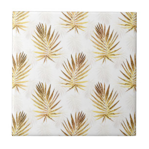Tropical White Gold Palm Leaves Greenery Tile