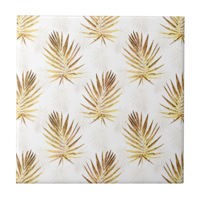 Tropical White Gold Palm Leaves Greenery Tile (Front)