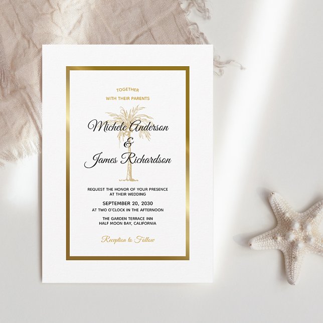 Tropical White Gold Palm Tree Modern Wedding Invitation (Creator Uploaded)