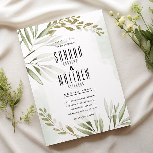 Tropical white green gold glitter leaves Wedding Invitation