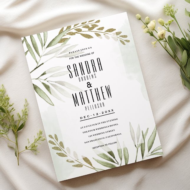 Tropical white green gold glitter leaves Wedding Invitation (Tropical white green gold glitter leaves Wedding)