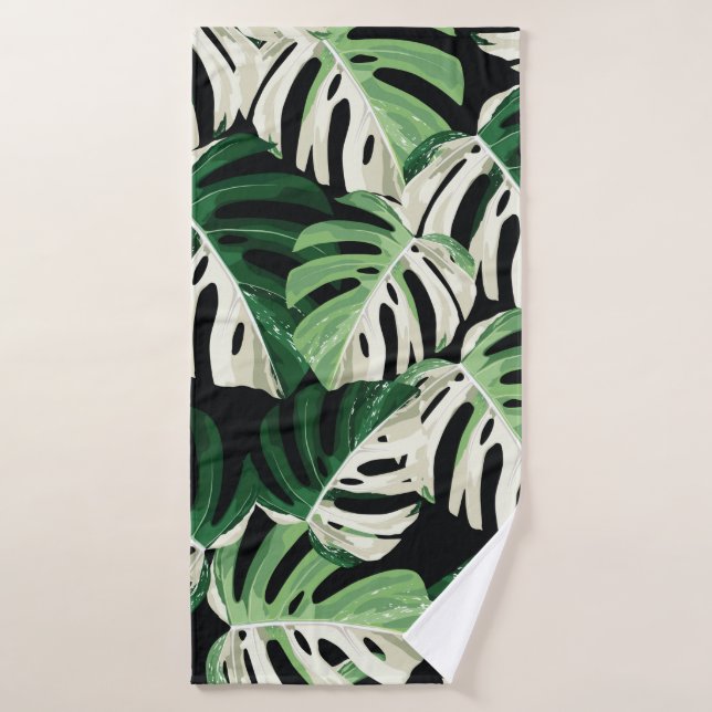 Tropical white green monstera leaf illustration. E Bath Towel (Bath Towel)