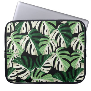 Tropical white green monstera leaf illustration. E Laptop Sleeve