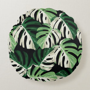 Tropical white green monstera leaf illustration. E Round Cushion