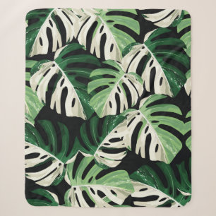 Tropical white green monstera leaf illustration. E Sherpa Blanket
