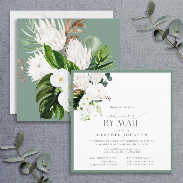Tropical White & Green Watercolor Shower Mail Invitation (Creator Uploaded)
