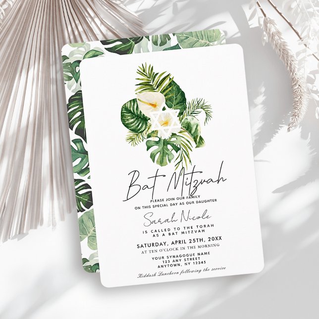 Tropical White Hibiscus Botanical Bat Mitzvah Invitation (Creator Uploaded)