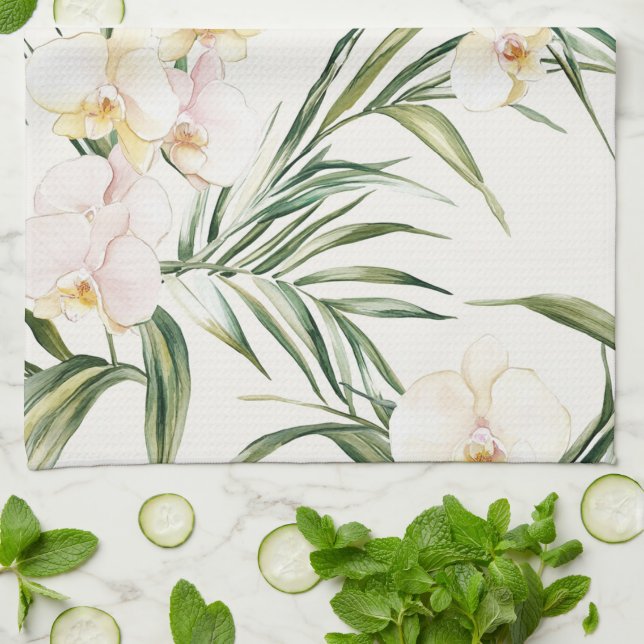 Tropical White Orchid Flowers Bridal Shower Tea Towel (Folded)