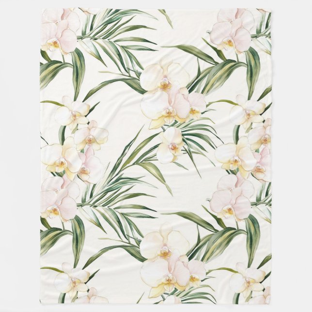 Tropical White Orchid Flowers   Fleece Blanket (Front)