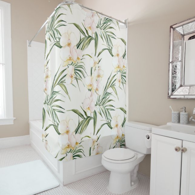 Tropical White Orchid Flowers   Shower Curtain (In Situ)