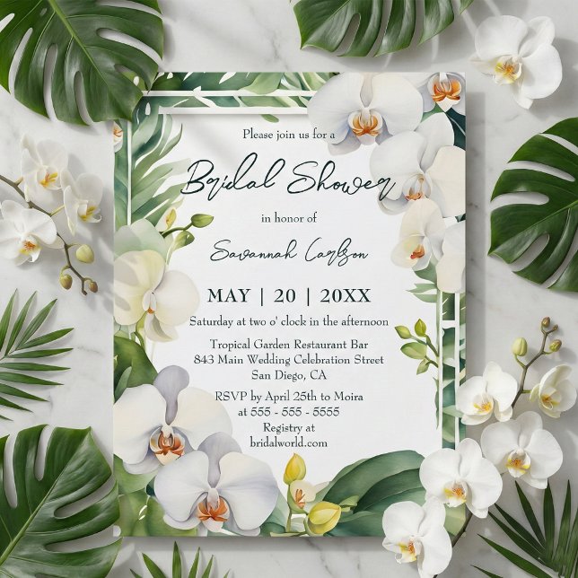 Tropical White Orchids Greenery Bridal Shower Invitation (Creator Uploaded)