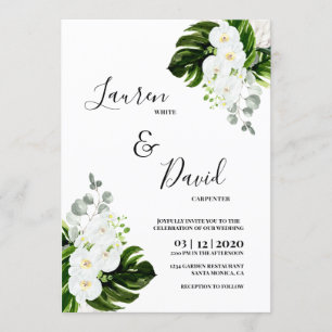 Tropical White orchids greenery wedding Invitation