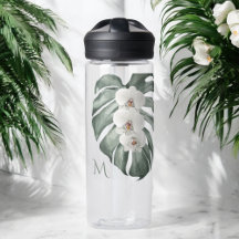 Tropical White Orchids on Monstera with Monogram