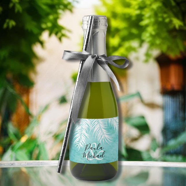 Tropical White Palm Fronds on Turquoise Mini Sparkling Wine Label (White palm tree fronds on turquoise mini sparkling wine labels personalized for your wedding)