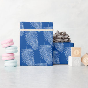 Tropical White Palm Leaves, Blue Wrapping Paper