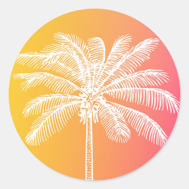 Tropical White palm tree sunset Classic Round Sticker (Front)