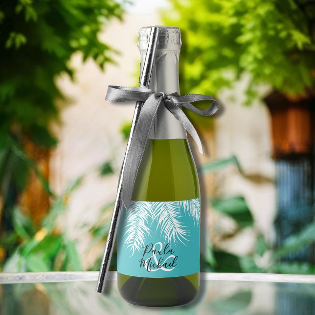 Tropical White Palms Fronds on Turquoise Mini Sparkling Wine Label (White palm tree fronds on turquoise mini sparkling wine labels personalized for your wedding)