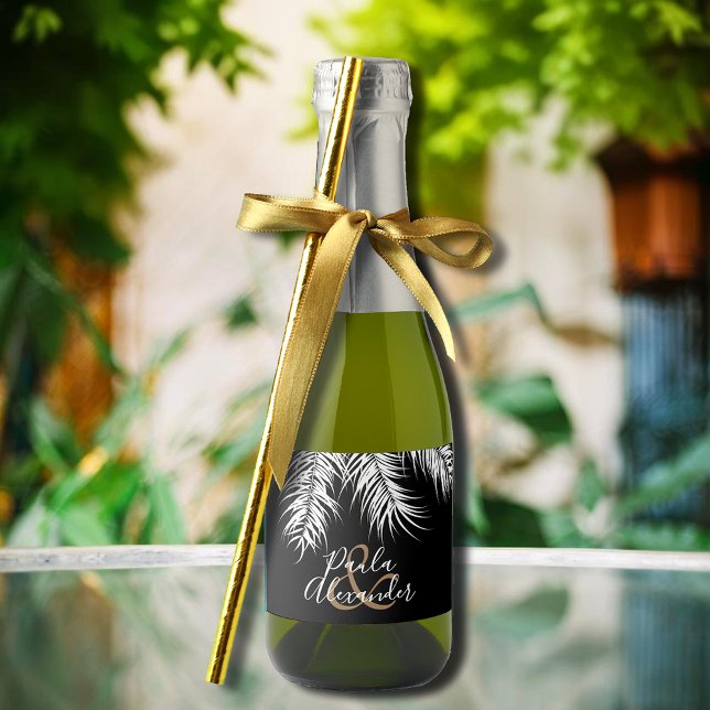 Tropical White Palms on Black Background Mini Sparkling Wine Label (White palm tree fronds on black  mini sparkling wine labels personalized for your wedding)
